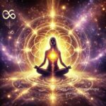 Ilustración mística y empoderadora de una mujer rodeada de energía luminosa, representando el equilibrio entre la autoestima y la vibración positiva.