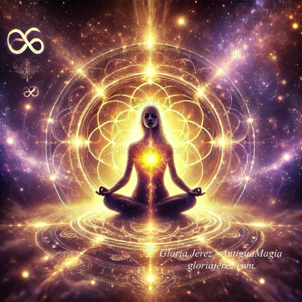 Ilustración mística y empoderadora de una mujer rodeada de energía luminosa, representando el equilibrio entre la autoestima y la vibración positiva.