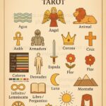 Ilustración mística con símbolos del Tarot: los Arcanos Mayores revelando su lenguaje esotérico a través de colores, elementos y emblemas ocultos.