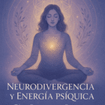 Mujer meditando rodeada de energía luminosa, representando la conexión entre neurodivergencia y protección energética.