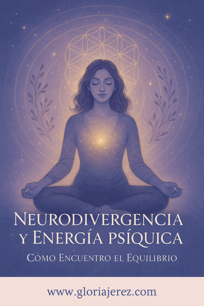 Mujer meditando rodeada de energía luminosa, representando la conexión entre neurodivergencia y protección energética.