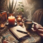 Ritual matutino de una tarotista neurodivergente, bruja moderna y emprendedora, activación energética y conexión con la intuición. Foto mostrando la calma y la concentración de una bruja al iniciar su día.