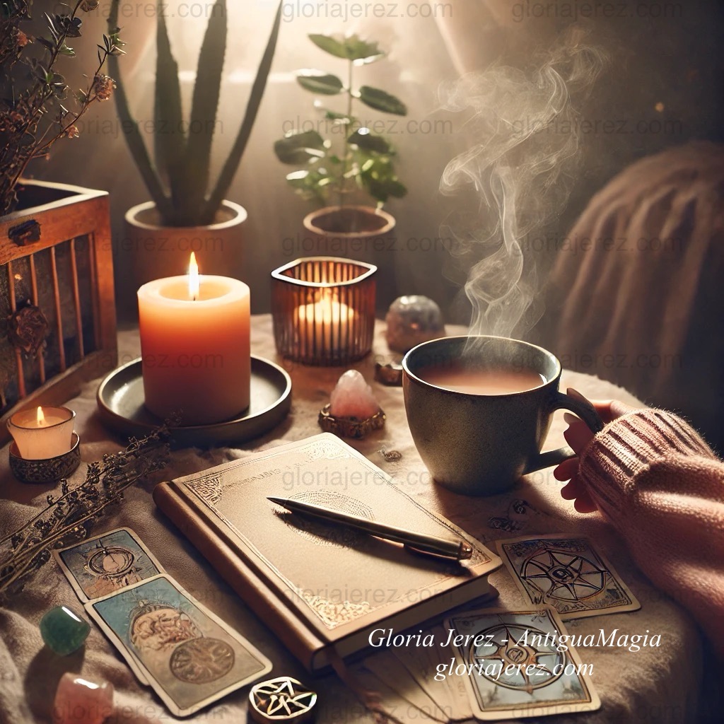Ritual matutino de una tarotista neurodivergente, bruja moderna y emprendedora, activación energética y conexión con la intuición. Foto mostrando la calma y la concentración de una bruja al iniciar su día.