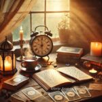 Escena matutina mística con luz dorada filtrándose por la ventana, un diario abierto, una taza de té humeante, un mazo de tarot y una vela encendida, representando la conexión con la hora natural y la energía del amanecer.