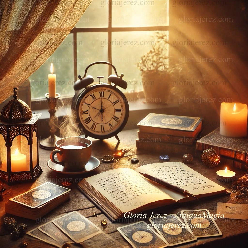 Escena matutina mística con luz dorada filtrándose por la ventana, un diario abierto, una taza de té humeante, un mazo de tarot y una vela encendida, representando la conexión con la hora natural y la energía del amanecer.
