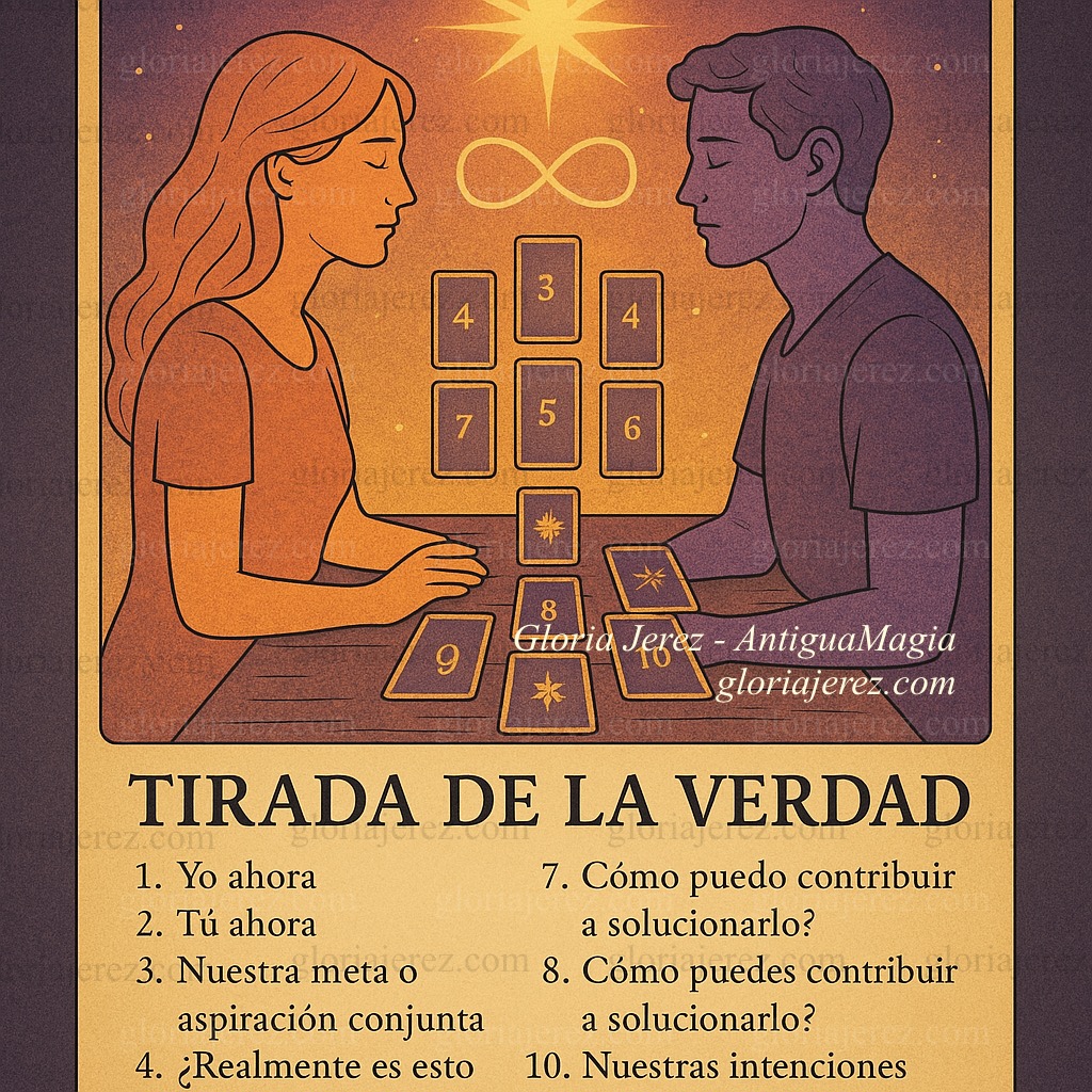 Ilustración de la Tirada de la Verdad en el Tarot, con ca