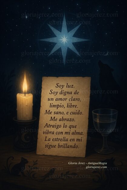 Amuleto visual de luz interior: estrella de ocho puntas brillando bajo el cielo nocturno, velas y afirmación de amor propio, en AntiguaMagia. amuleto-visual-tu-estrella-tirada-real-que-me-pasa-con-gusztav
