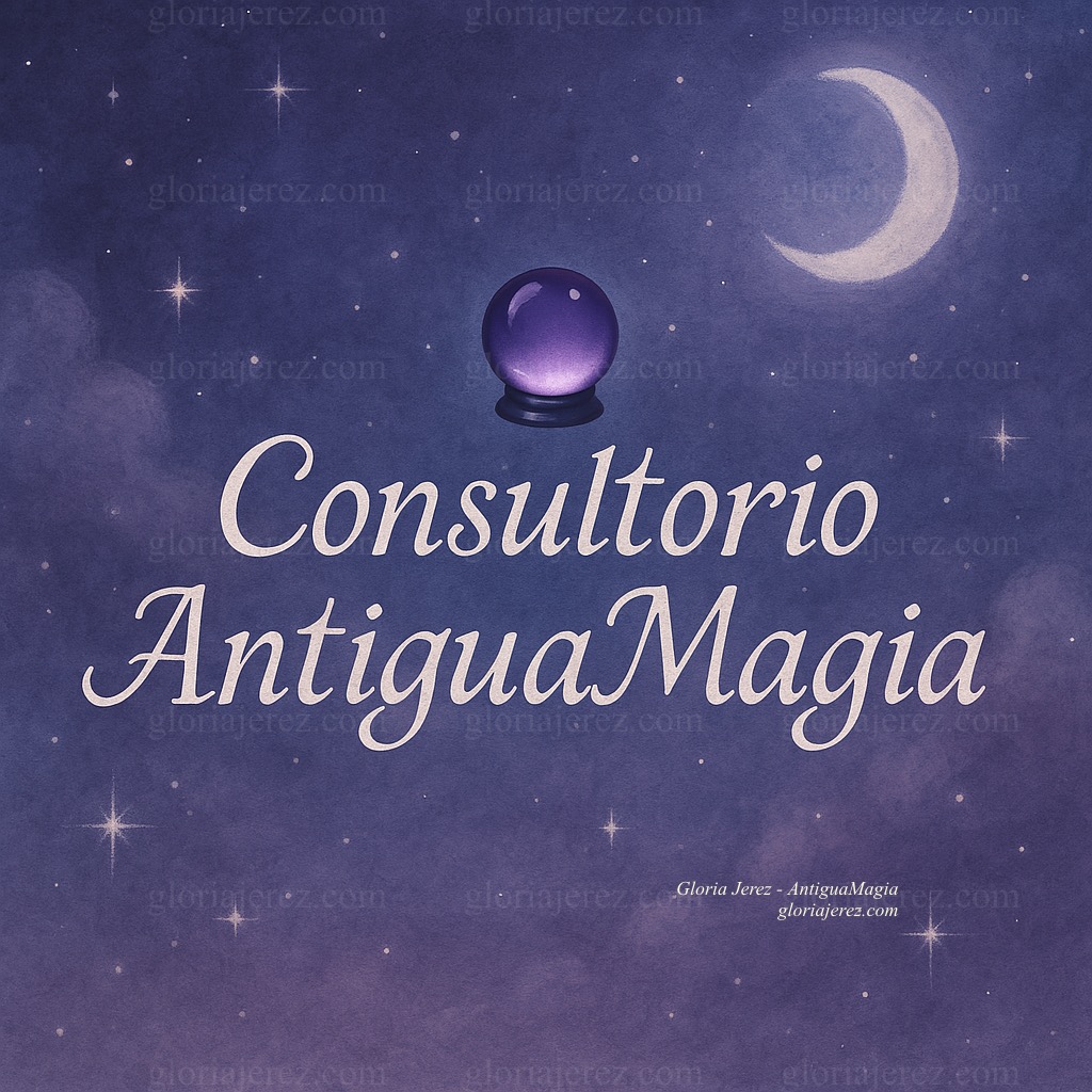 Cabecera visual del Consultorio AntiguaMagia con bola de cristal mágica y fondo místico