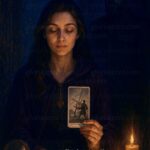 Sara (representada por Gloria) y Gusztáv, tras su espalda, representados en una escena mística con energía tensa y simbología del Tarot – Consultorio AntiguaMagia