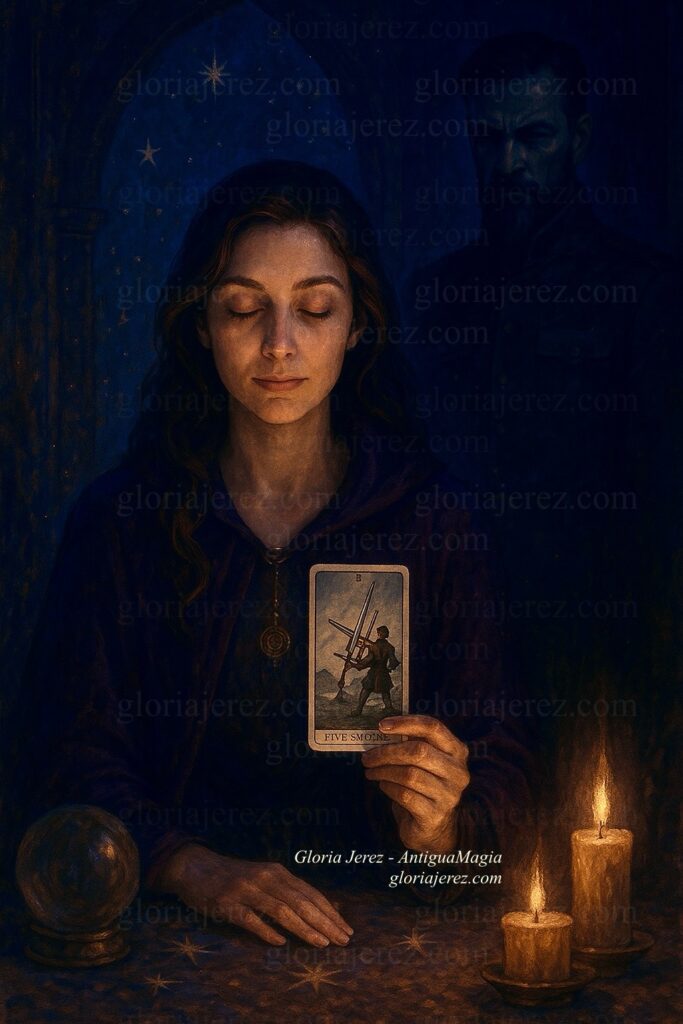 Sara (representada por Gloria) y Gusztáv, tras su espalda, representados en una escena mística con energía tensa y simbología del Tarot – Consultorio AntiguaMagia