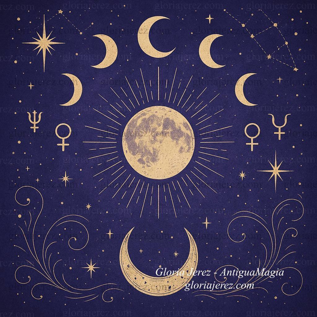 Ilustración mística con fases lunares, cielo estrellado y símbolos astrológicos, representando la energía del cosmos y la conexión con los ritmos celestes.