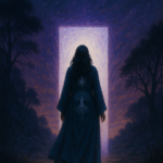 Mujer de espaldas con túnica azul oscuro bordada con un árbol de la vida y estrella de ocho puntas, caminando hacia un umbral luminoso en medio del bosque bajo un cielo estrellado.