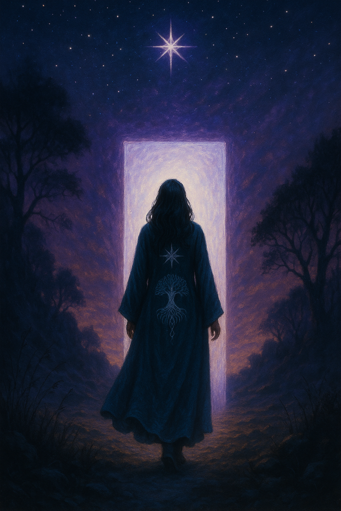 Mujer de espaldas con túnica azul oscuro bordada con un árbol de la vida y estrella de ocho puntas, caminando hacia un umbral luminoso en medio del bosque bajo un cielo estrellado.