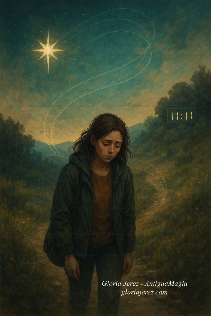 Mujer caminando sola al atardecer por un sendero de tierra rodeado de naturaleza, subiendo una colina en el Camino del Molino, reflejando tristeza y determinación.