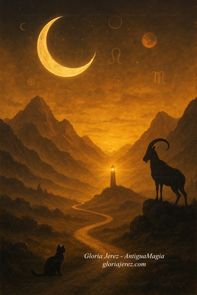 Paisaje místico con luna creciente, Saturno, Marte y un Capricornio mirando hacia un faro iluminado, representando la energía astrológica de mayo de 2025.