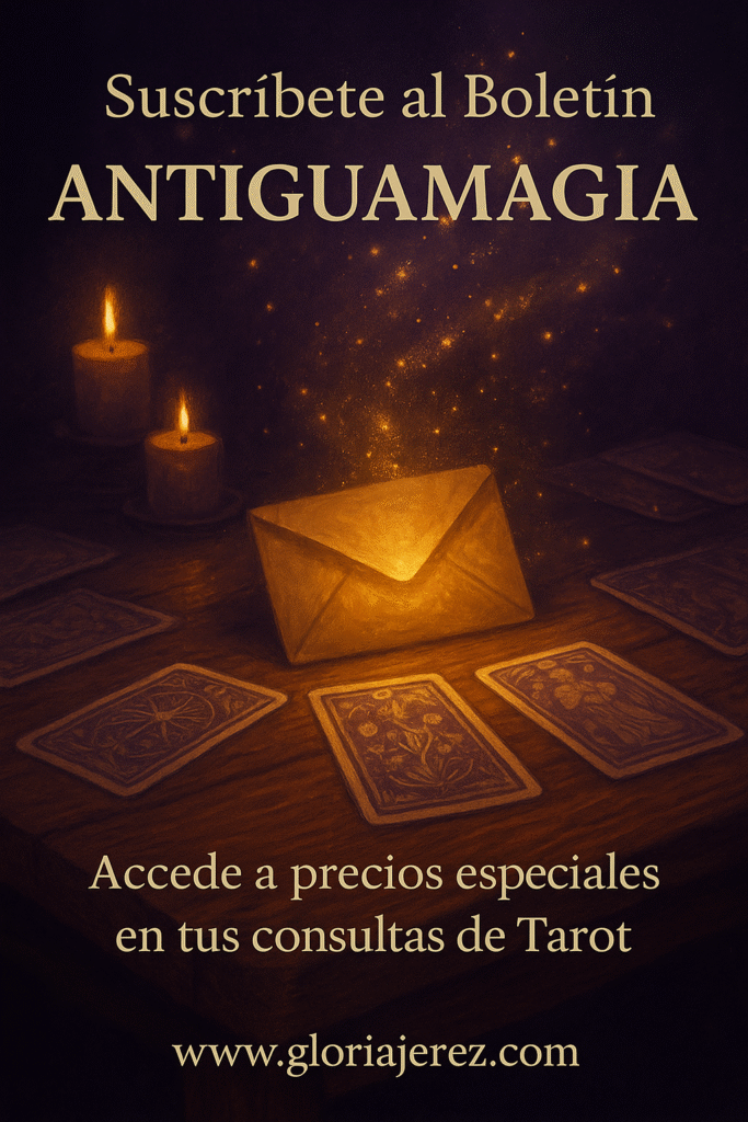 Ilustración esotérica con velas encendidas, cartas de Tarot y un sobre brillante que simboliza la suscripción al boletín AntiguaMagia.