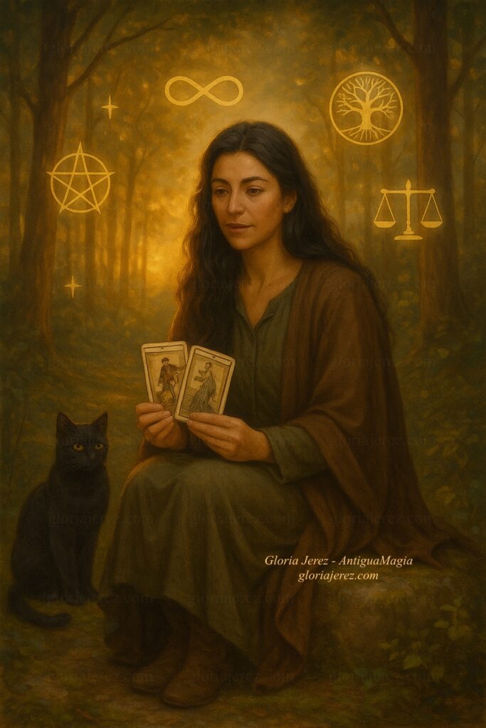 Retrato artístico de Gloria Jerez en un entorno natural con un aire de introspección y conexión espiritual.
