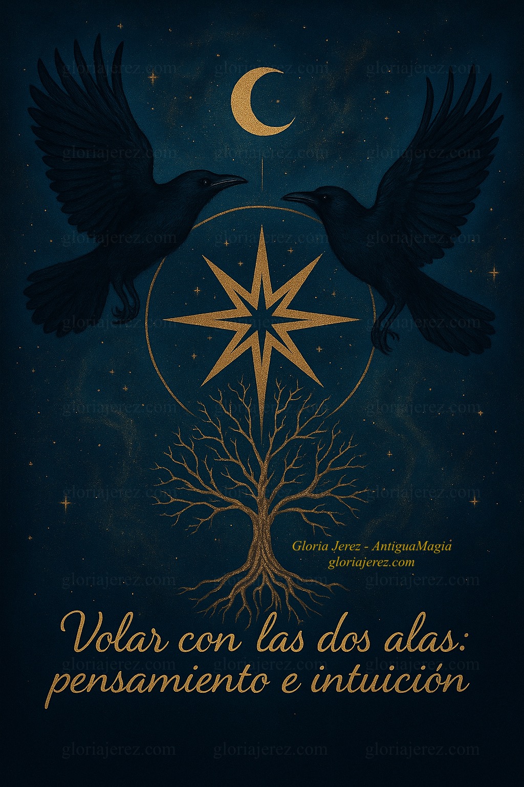 Dos cuervos volando en cielo estrellado con símbolo de alineación energética entre ellos