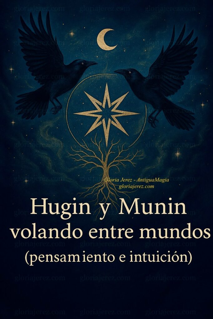 Hugin y Munin sobre un árbol sagrado, representando pensamiento e intuición en equilibrio