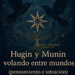 Ilustración de Hugin y Munin, los cuervos de Odín, simbolizando pensamiento e intuición en un fondo estrellado.