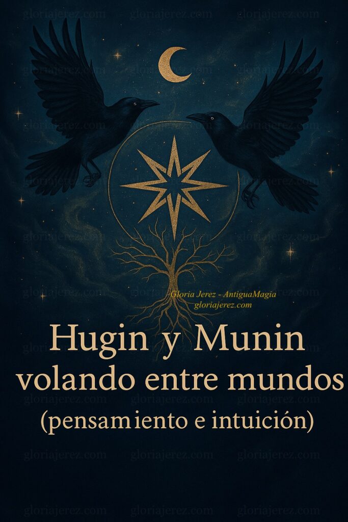 Ilustración de Hugin y Munin, los cuervos de Odín, simbolizando pensamiento e intuición en un fondo estrellado.