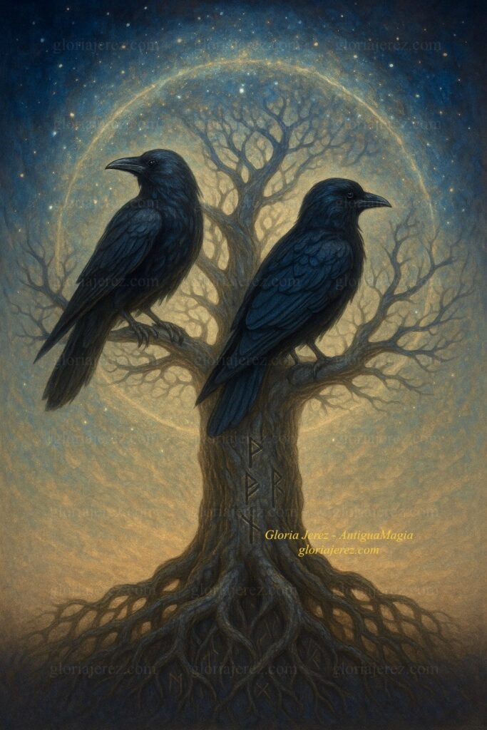 Dos cuervos sobre un árbol sagrado, representando el equilibrio entre pensamiento e intuición