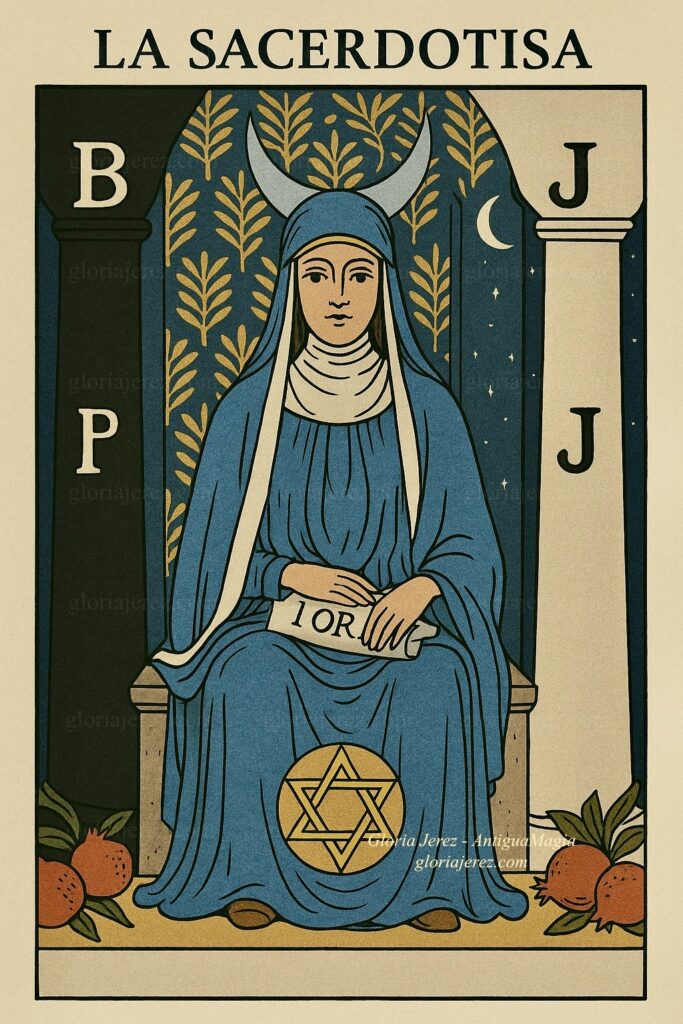 Carta del Tarot La Sacerdotisa, mujer en azul entre dos columnas con un pergamino en sus manos.