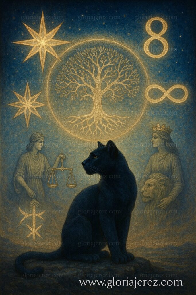 Pantera negra frente al Árbol de la Vida con símbolos esotéricos y figuras arquetípicas del Tarot, como la Justicia y la Fuerza.