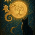 Gato negro contemplando un árbol dorado junto a un dragón y estrella en el cielo nocturno.