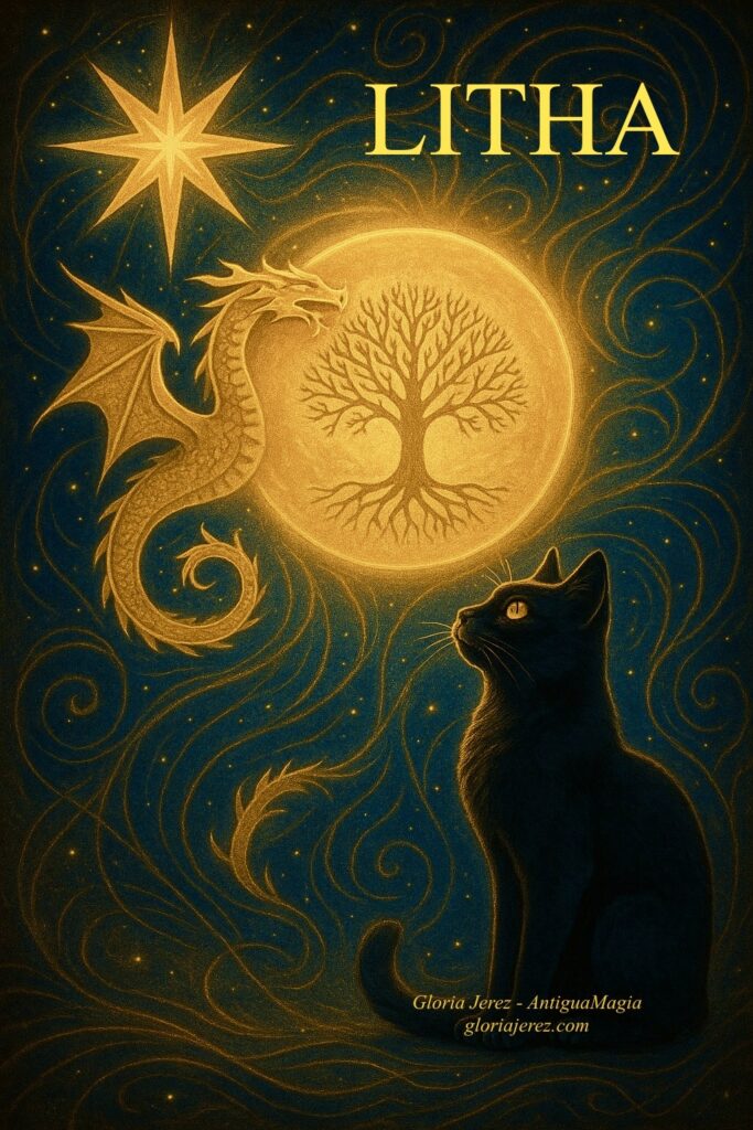 Gato negro contemplando un árbol dorado junto a un dragón y estrella en el cielo nocturno.