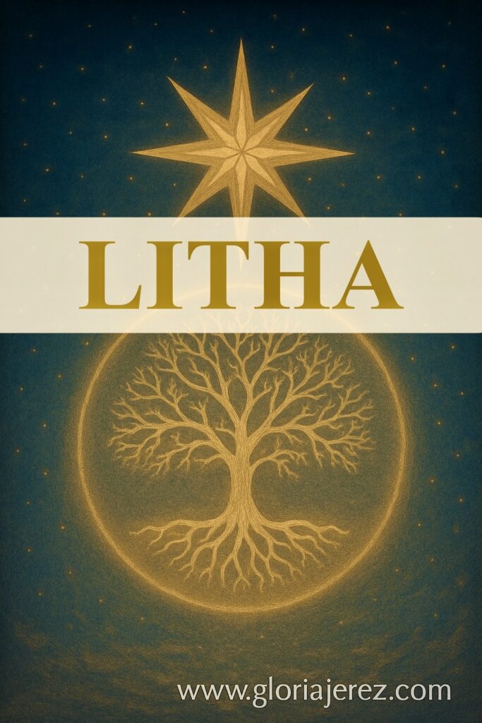 Árbol de la Vida dorado iluminado por una estrella sobre cielo nocturno en Litha.