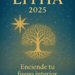 Imagen mágica con texto Litha 2025, árbol dorado y mensaje “Enciende tu fuego interior” sobre fondo estrellado.