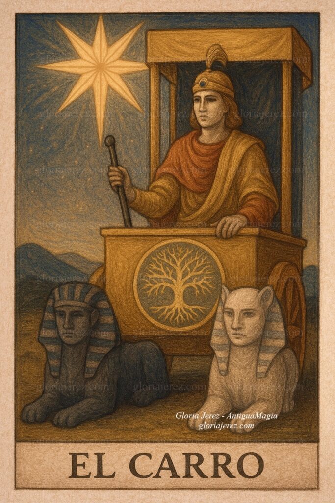 Carta de Tarot El Carro con auriga, esfinges opuestas y Árbol de la Vida en el escudo, ilustración simbólica en tonos dorados y azulados.