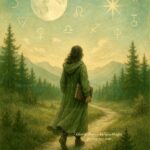 Ilustración mágica de un cielo cósmico sobre un bosque luminoso al amanecer, con símbolos astrológicos y energía vibrante.