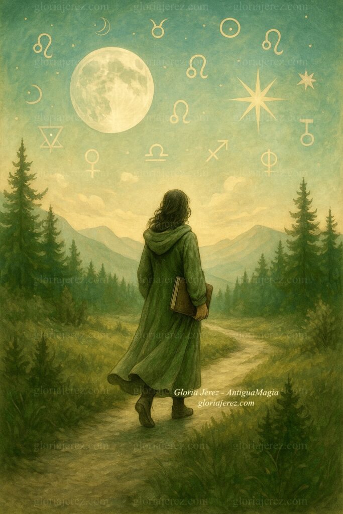Ilustración mágica de un cielo cósmico sobre un bosque luminoso al amanecer, con símbolos astrológicos y energía vibrante.