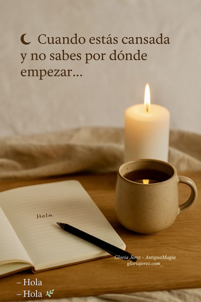 Escena acogedora con vela encendida, taza de cerámica y cuaderno abierto con la palabra “Hola” escrita, sobre una bandeja de madera