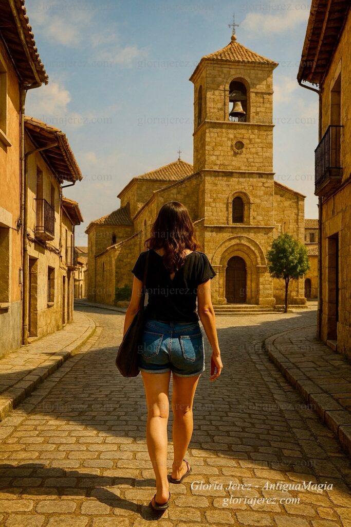 Mujer de espaldas caminando hacia una iglesia antigua en un pueblo iluminado por el sol
