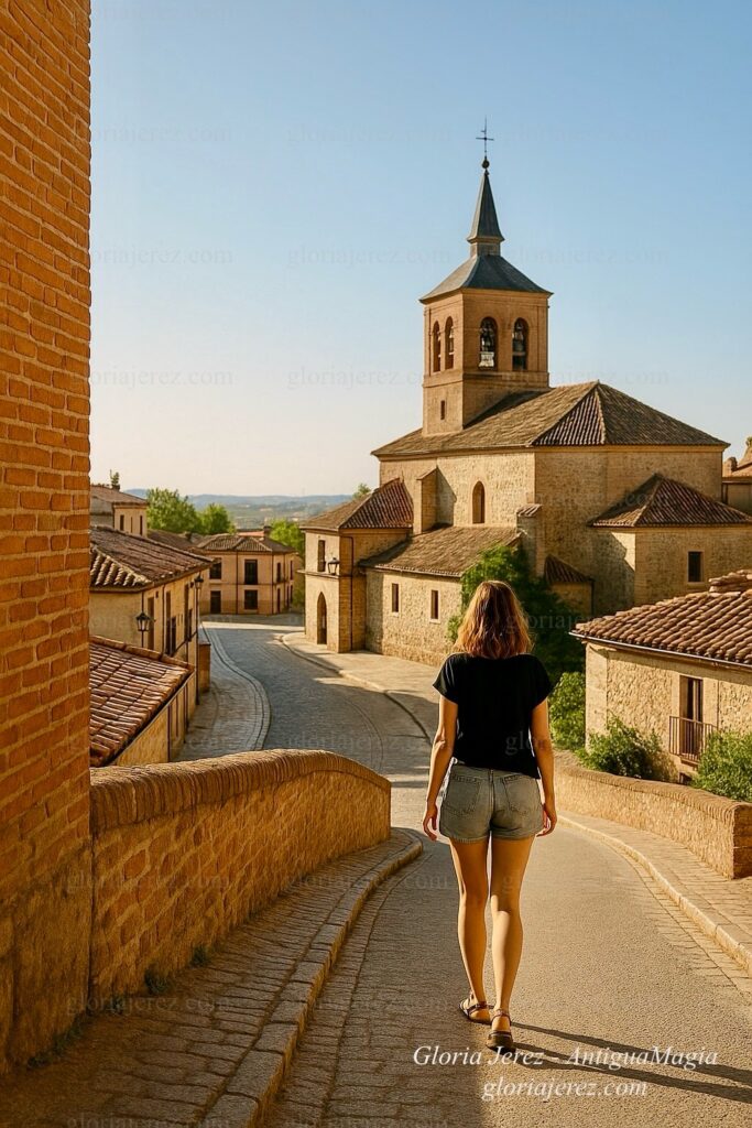 Mujer caminando al amanecer hacia un pueblo con iglesia antigua, simbolizando el cierre de junio y la llegada del verano