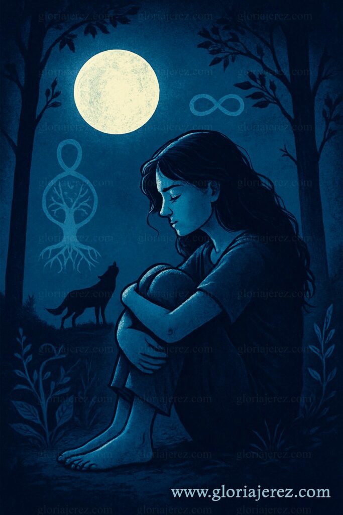 Ilustración simbólica de una mujer sentada en soledad bajo una luna oscura, representando un momento de introspección, cansancio y fuerza interior