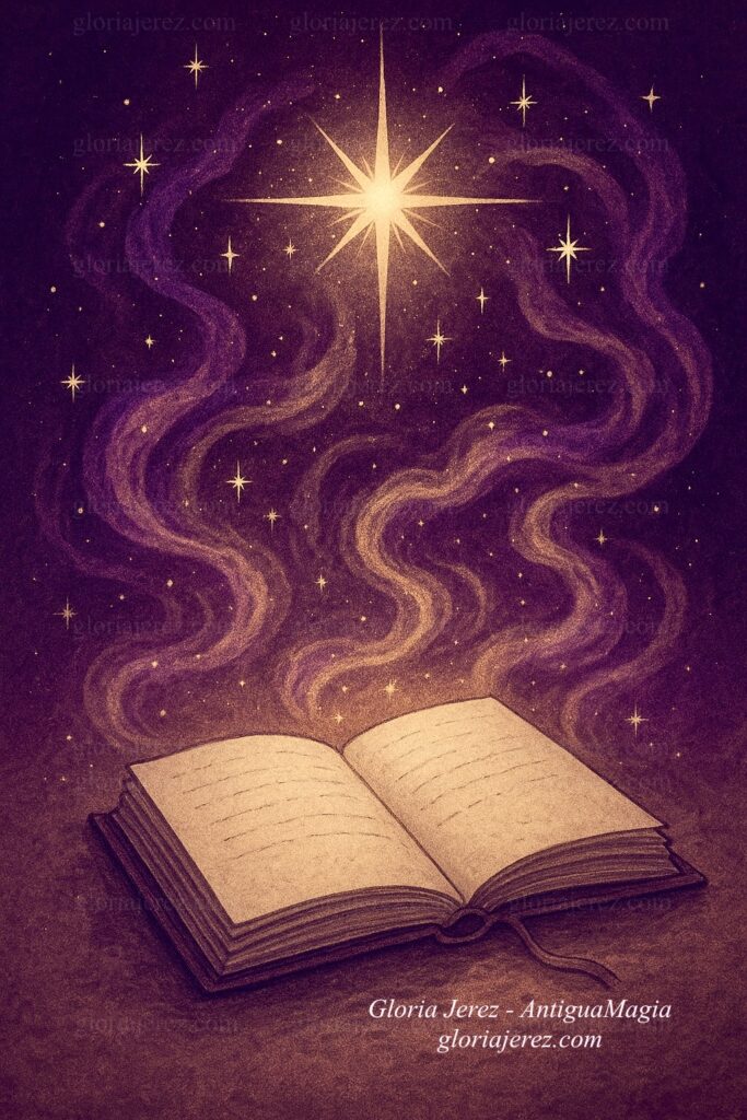 Imagen mística con estrella luminosa, diario abierto y energía espiritual envolvente, representando un regalo canalizado.