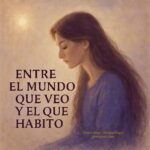Mujer de cabello largo en ilustración mística con el texto “Entre el mundo que veo y el que habito”.