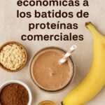 Batido casero de proteínas naturales con avena, plátano, frutos secos y semillas como alternativa saludable a los suplementos comerciales.