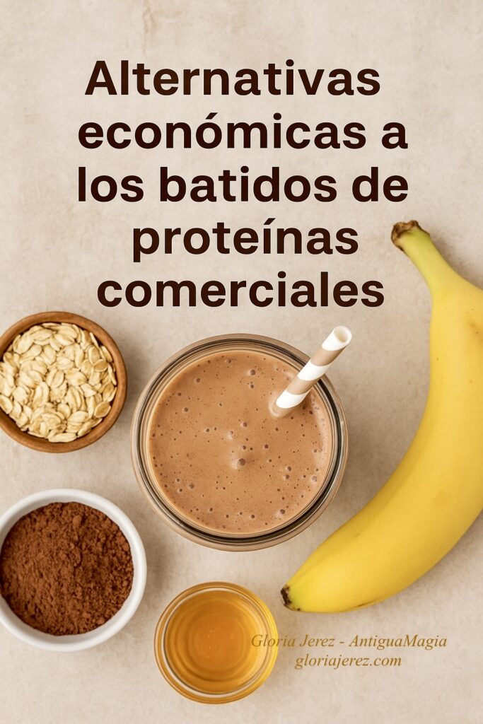 Batido casero de proteínas naturales con avena, plátano, frutos secos y semillas como alternativa saludable a los suplementos comerciales.
