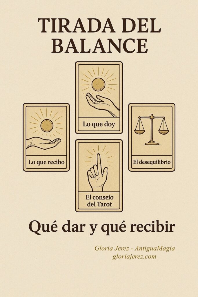 Ilustración de la Tirada del Balance en Tarot con cuatro cartas dispuestas en cruz, representando lo que doy, lo que recibo, el desequilibrio y el consejo del Tarot.