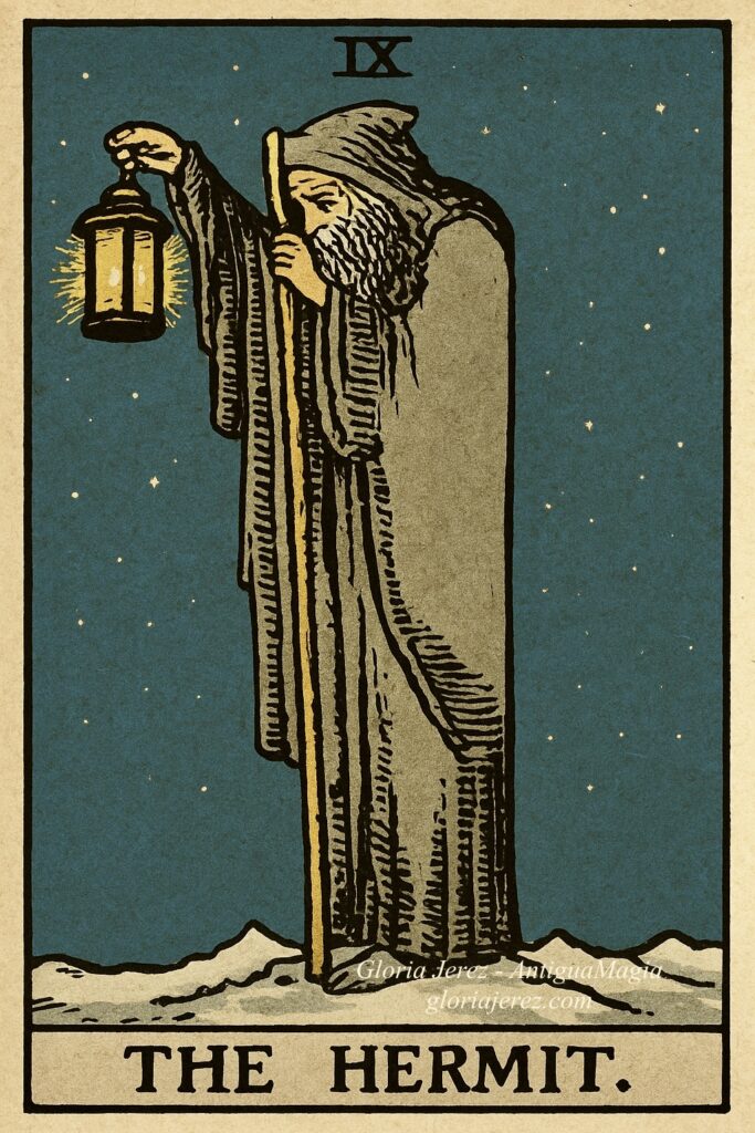 Ilustración tradicional del Tarot que representa a El Ermitaño con su lámpara iluminando el camino en la oscuridad.