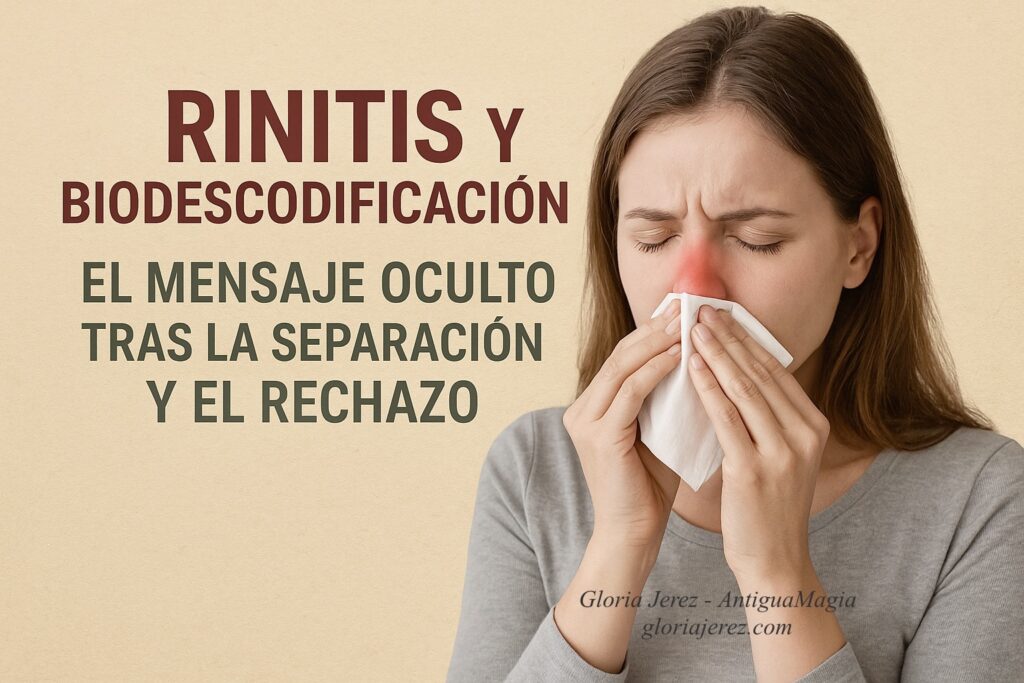 Mujer joven con pañuelo en la nariz y expresión de malestar, mostrando síntomas de rinitis, junto al título sobre biodescodificación y conflictos emocionales de separación y rechazo.