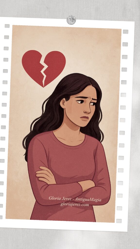 Ilustración de una mujer con expresión de tristeza y un corazón roto sobre su cabeza, representando el dolor emocional en una relación.