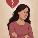 Ilustración de una mujer con expresión de tristeza y un corazón roto sobre su cabeza, representando el dolor emocional en una relación.