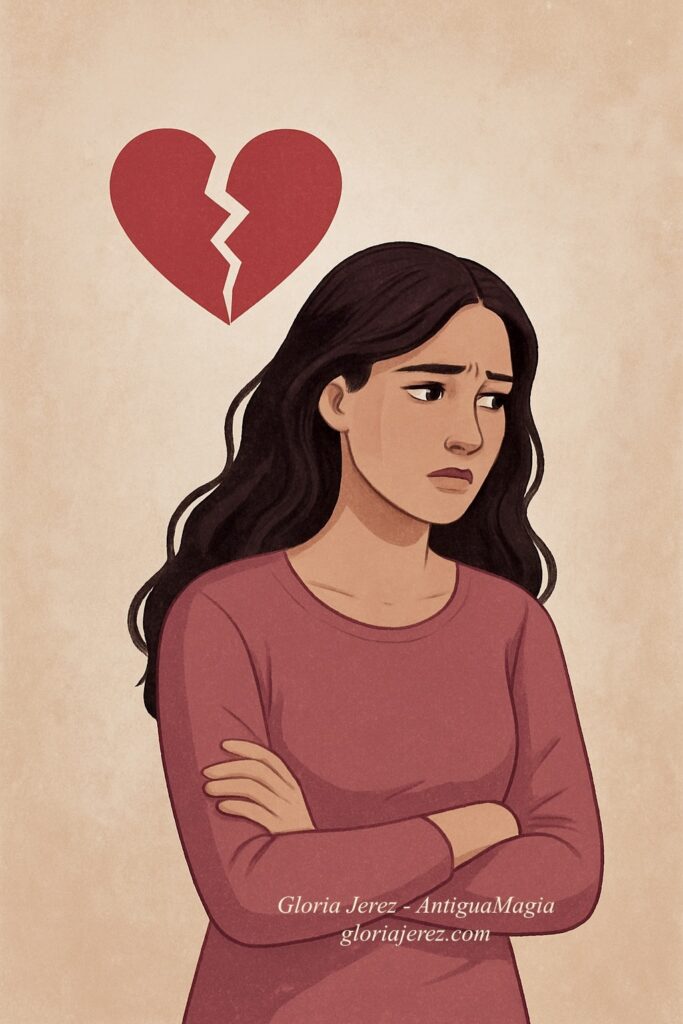 Ilustración de una mujer con expresión de tristeza y un corazón roto sobre su cabeza, representando el dolor emocional en una relación.