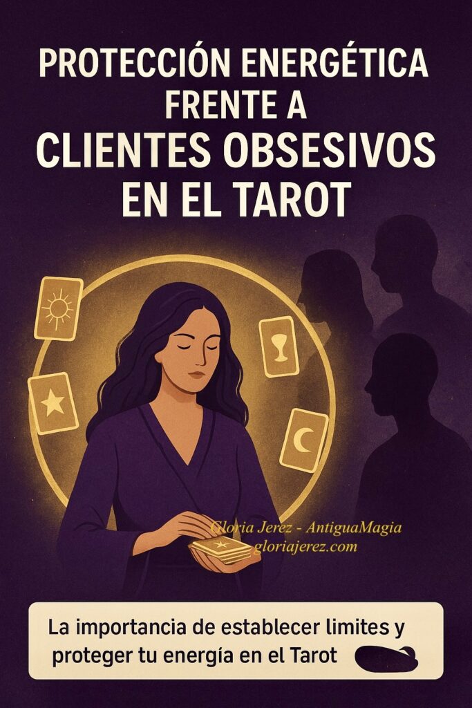 Ilustración de una tarotista protegida por un círculo energético dorado, con cartas flotando a su alrededor y siluetas externas representando clientes obsesivos.